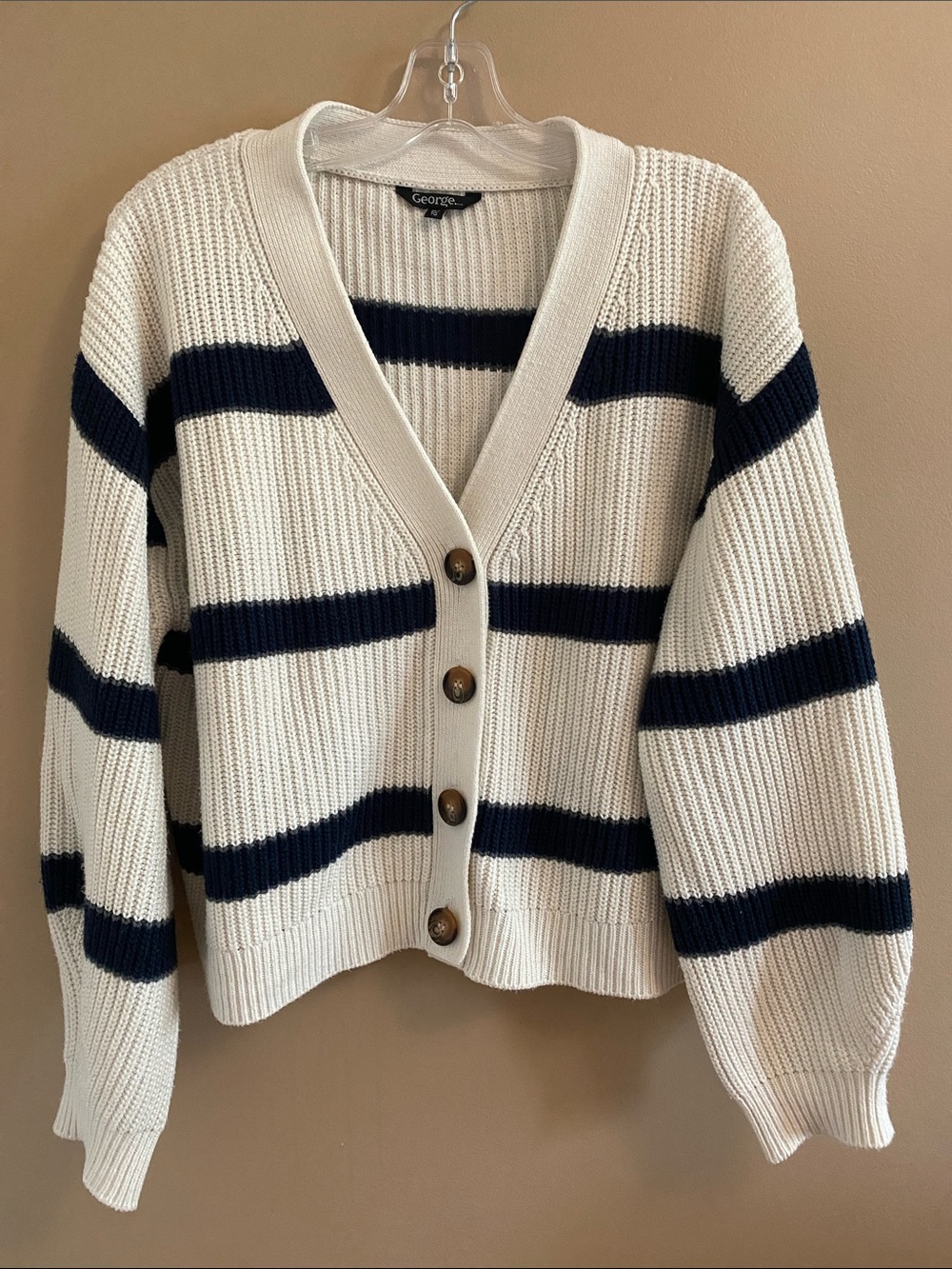 White & Navy Striped V-Neck Cardigan Knit Sweater